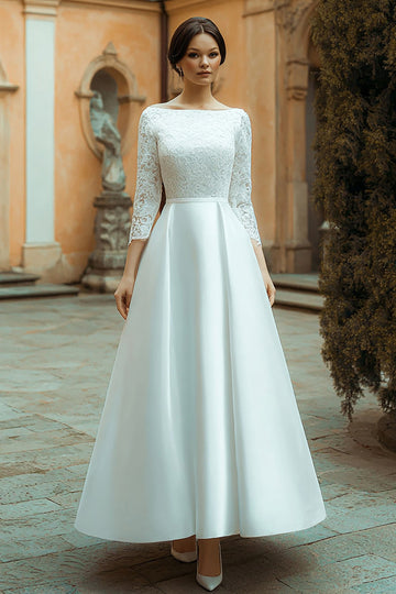 Bateau Neck Ivory A Line Satin Wedding Dress